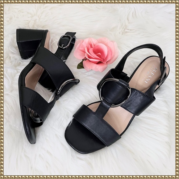 Alfani Shoes - Alfani Black Leather Open Toe T-Strap Slingback Block Heel Sandals Size 7.5